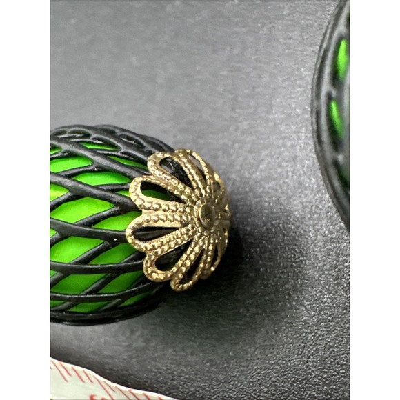 Vintage Made In Japan Clip On Earrings - Neon Green With Black Netting - Picture 9 of 9